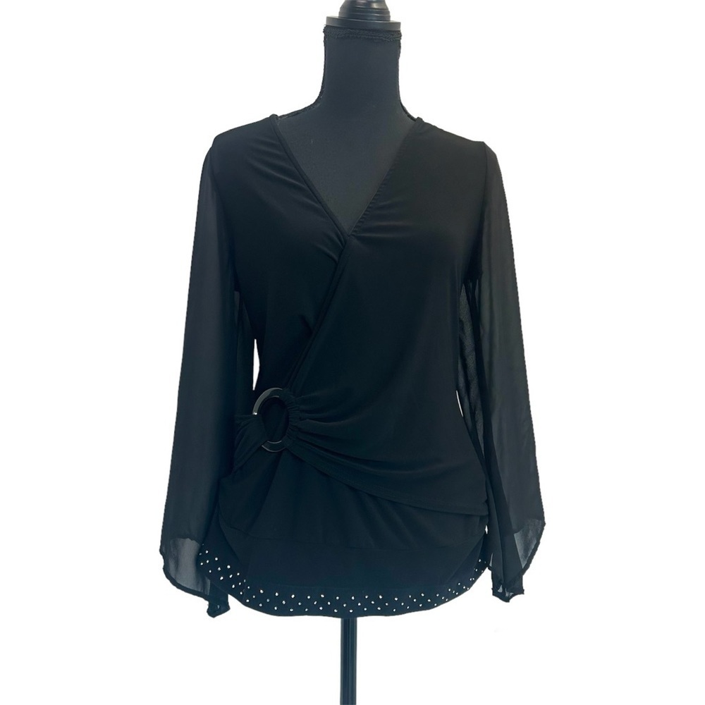 Joseph Ribkoff black faux wrap chiffon sleeve blouse rhinestone trim Sz 10